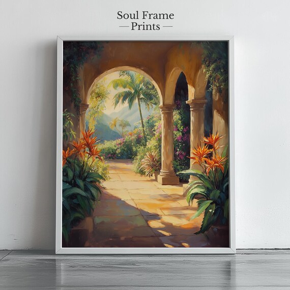 Tropical Garden Wall Art Courtyard Landscape Print Warm Paradise Decor Exotic Floral Painting Boho Summer Vibe Artwork 418