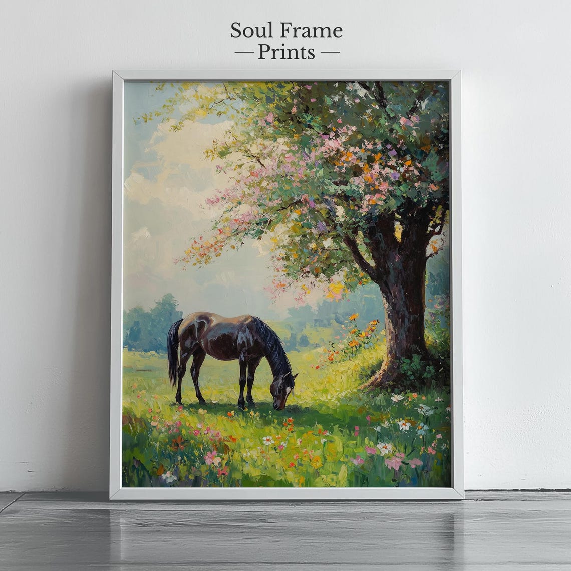 Dark Horse Grazing Beneath Blooming Tree In Spring Meadow Poster