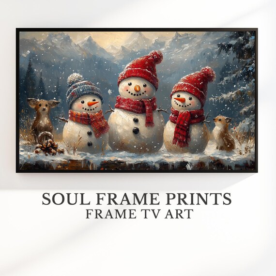 Cheerful Snowman Family in a Snowy Mountain Christmas Scene Print