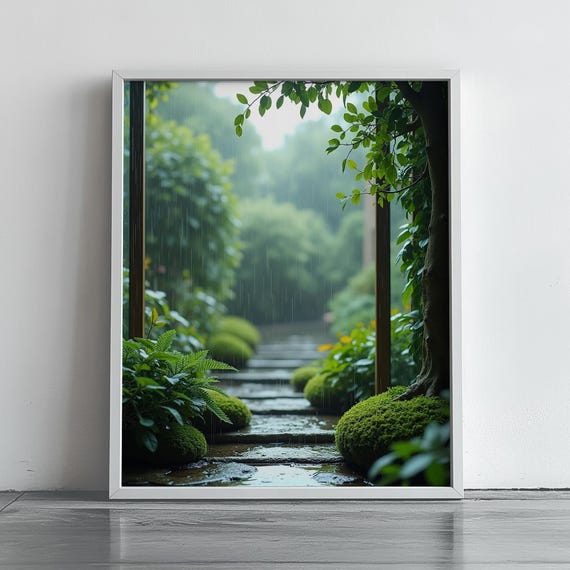 Zen Garden Path Wall Art Serene Painting Tranquil Greenery Scene Rustic Summer Nature Decor 301