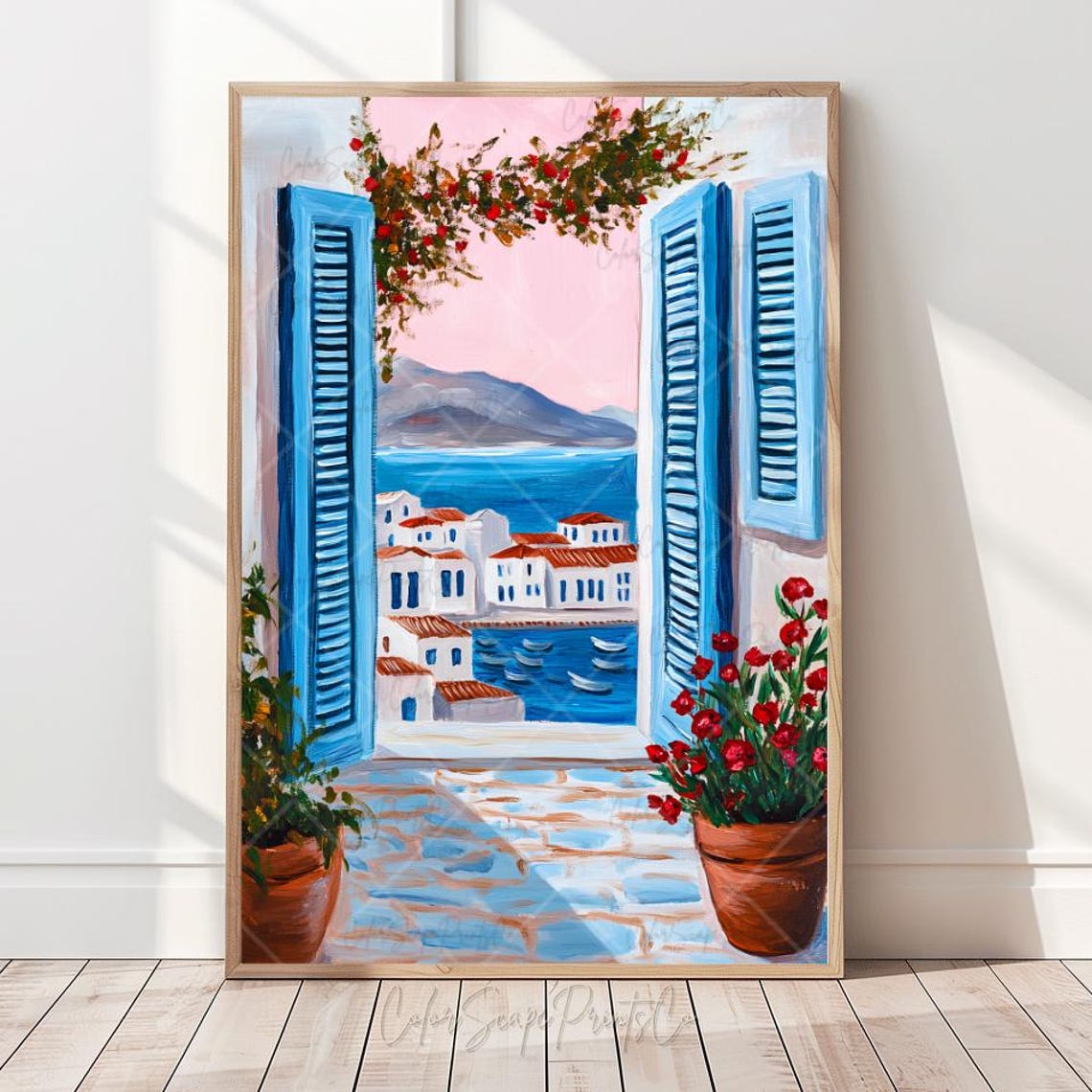 Greek Island View Through Open Blue Shutters Mediterranean Poster