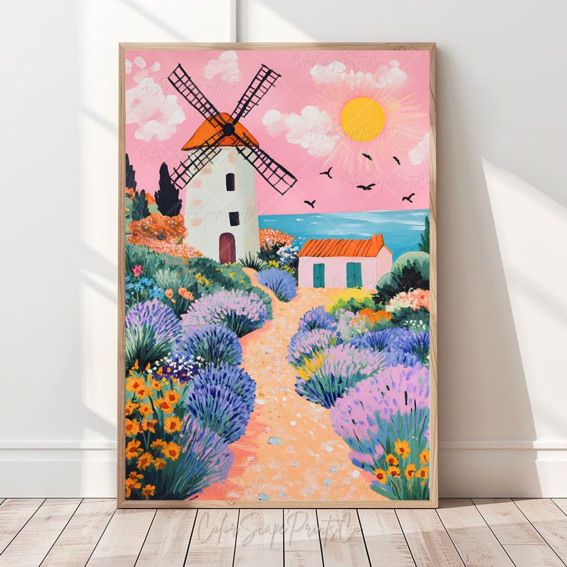 Coastal Windmill Garden Painting Sunny Seaside Path Flowers Poster