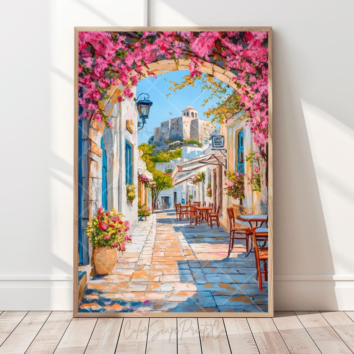 Mediterranean Greek Street Village Blossom Arch Cafe Painting Poster