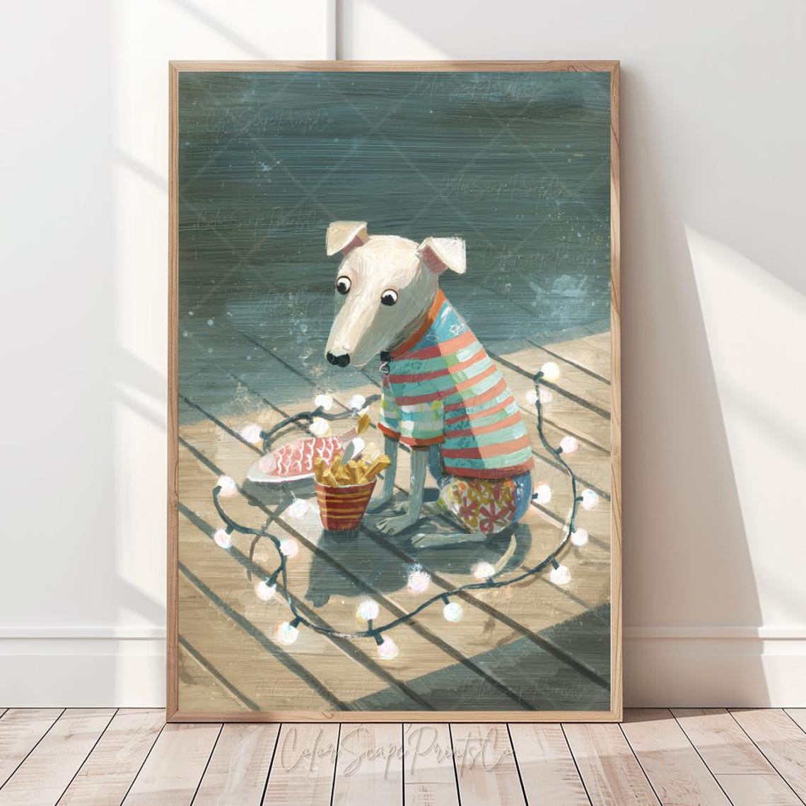 Funny Greyhound Dog Fries Seaside Pier String Lights Animal Art Poster