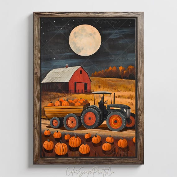 Whimsical Autumn Landscape Print Pumpkin Cart Rustic Fall Harvest