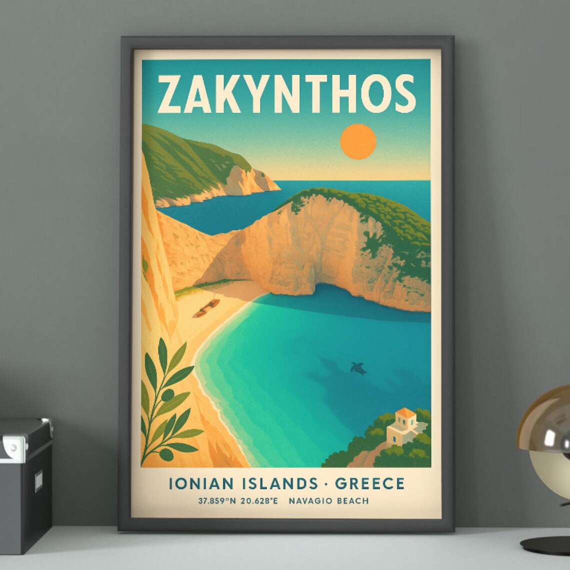 Zakynthos Greece Travel Poster Navagio Shipwreck Beach Cliffs Sunset Art