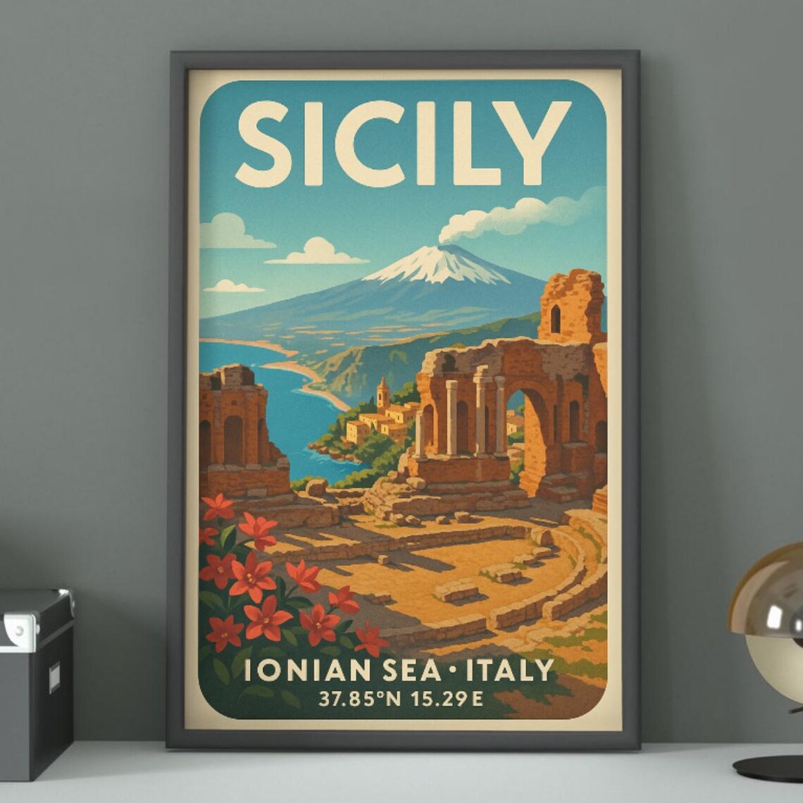 Sicily Taormina Ancient Theater Mount Etna Vintage Travel Poster