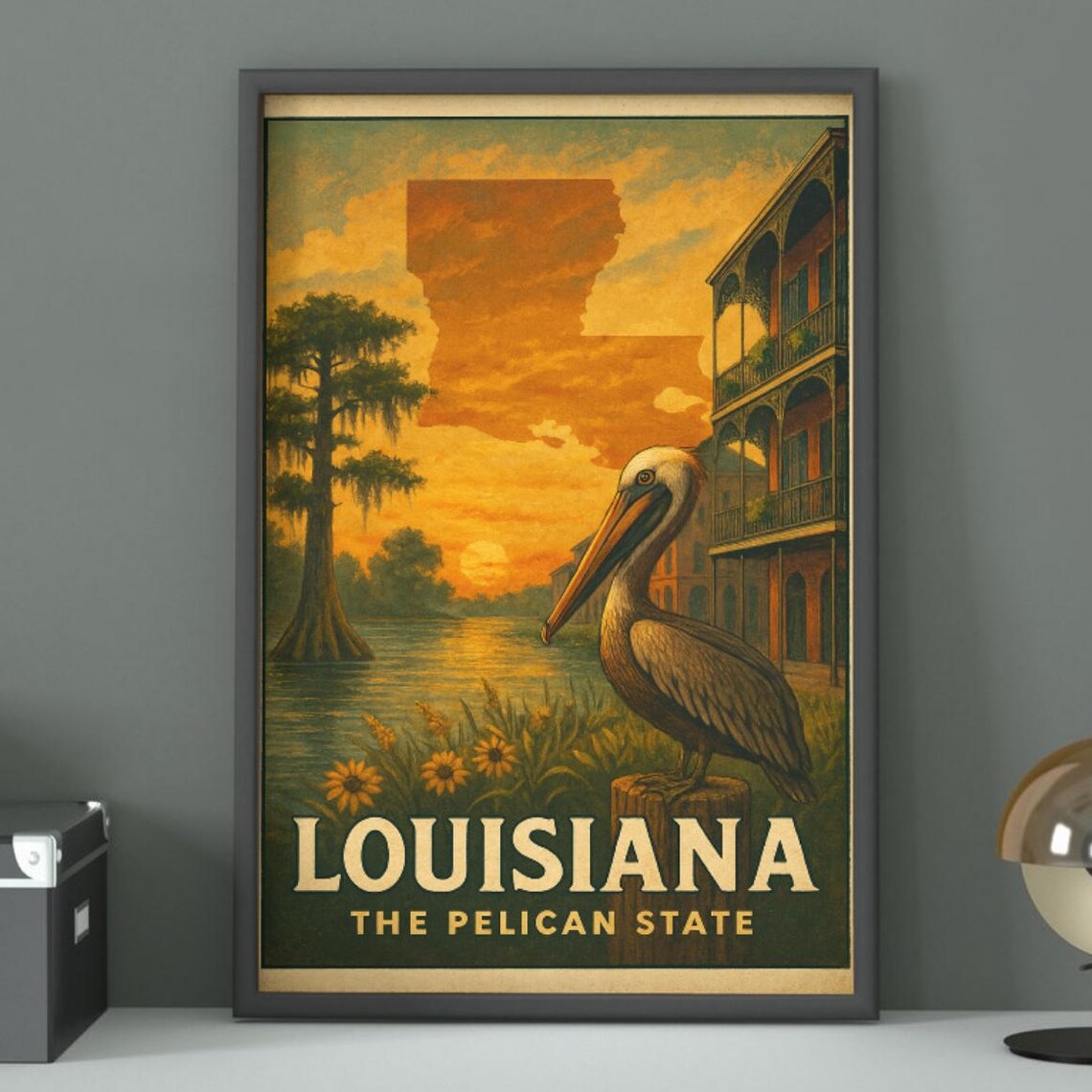 Louisiana The Pelican State Bayou Sunset Retro Travel Art Poster