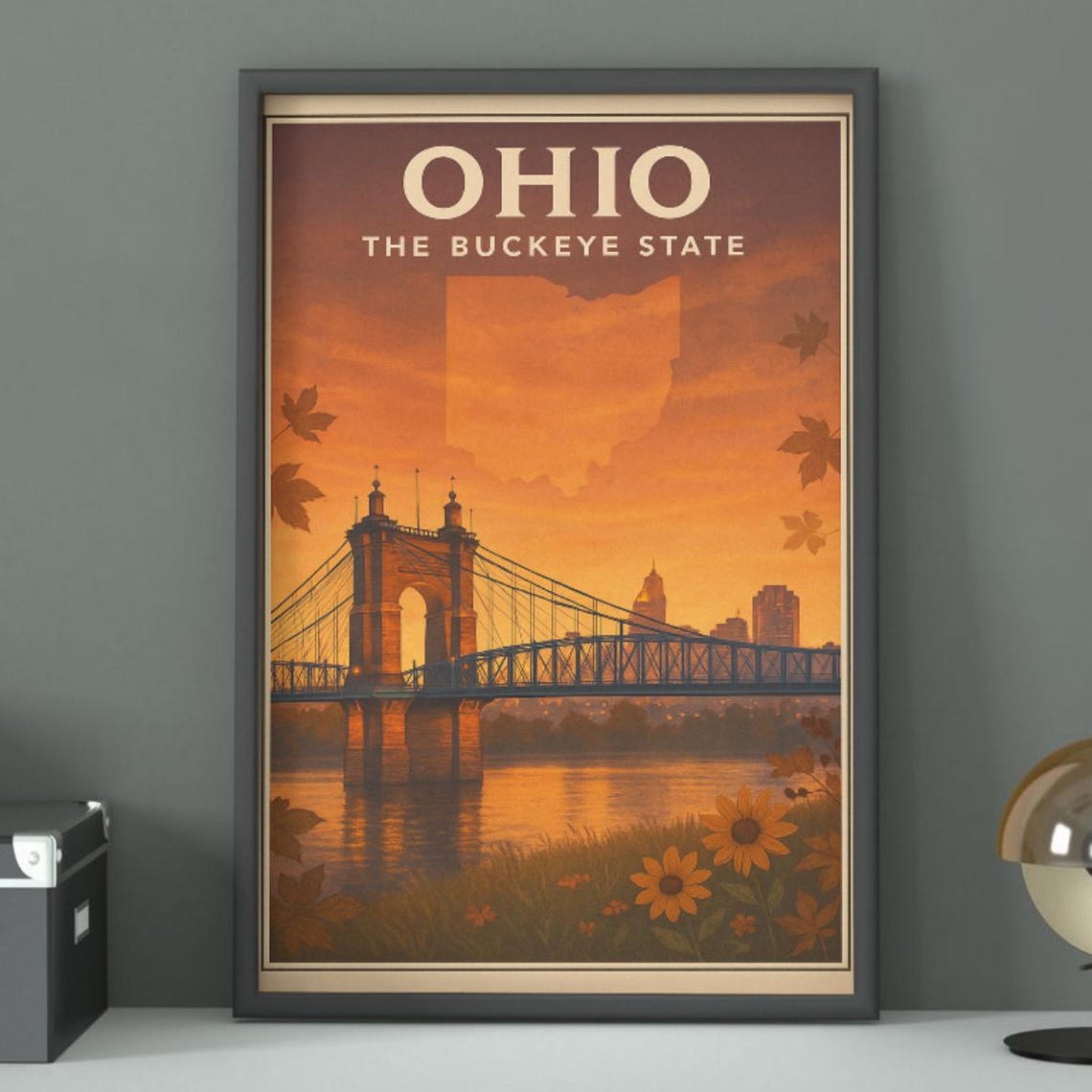 Ohio The Buckeye State River Bridge Sunset Retro Travel Poster