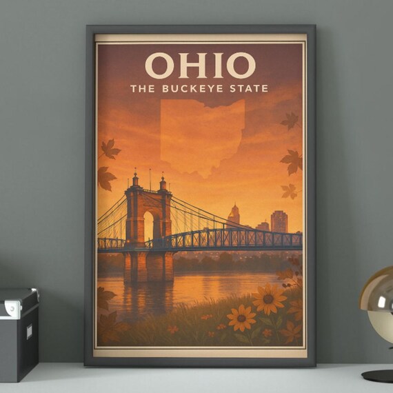 Ohio Travel Poster Vintage Buckeye State Skyline Art
