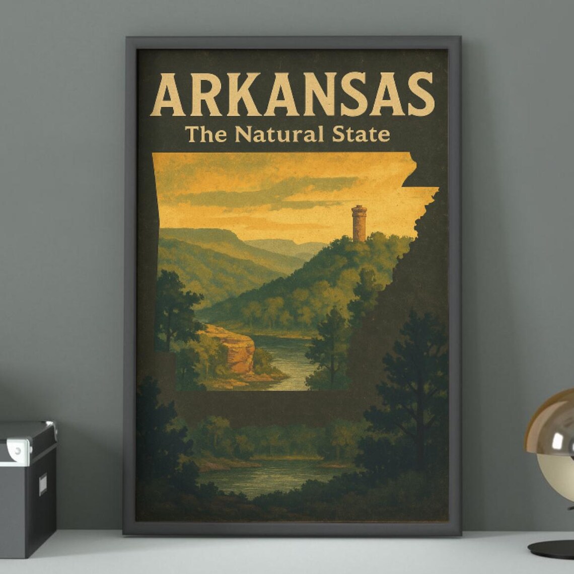 Arkansas The Natural State Vintage Style Travel Art Print Golden Sunset