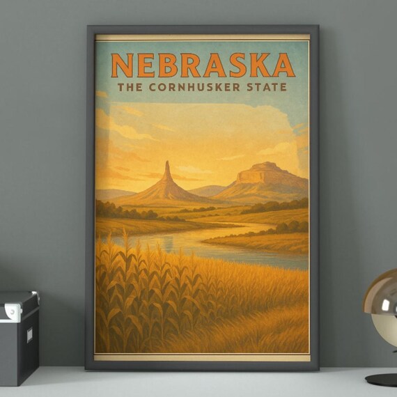 Nebraska The Cornhusker State Chimney Rock Cornfield Retro Travel Poster