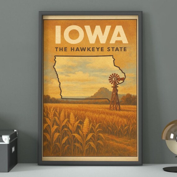 Iowa The Hawkeye State Cornfield Windmill Retro Travel Poster