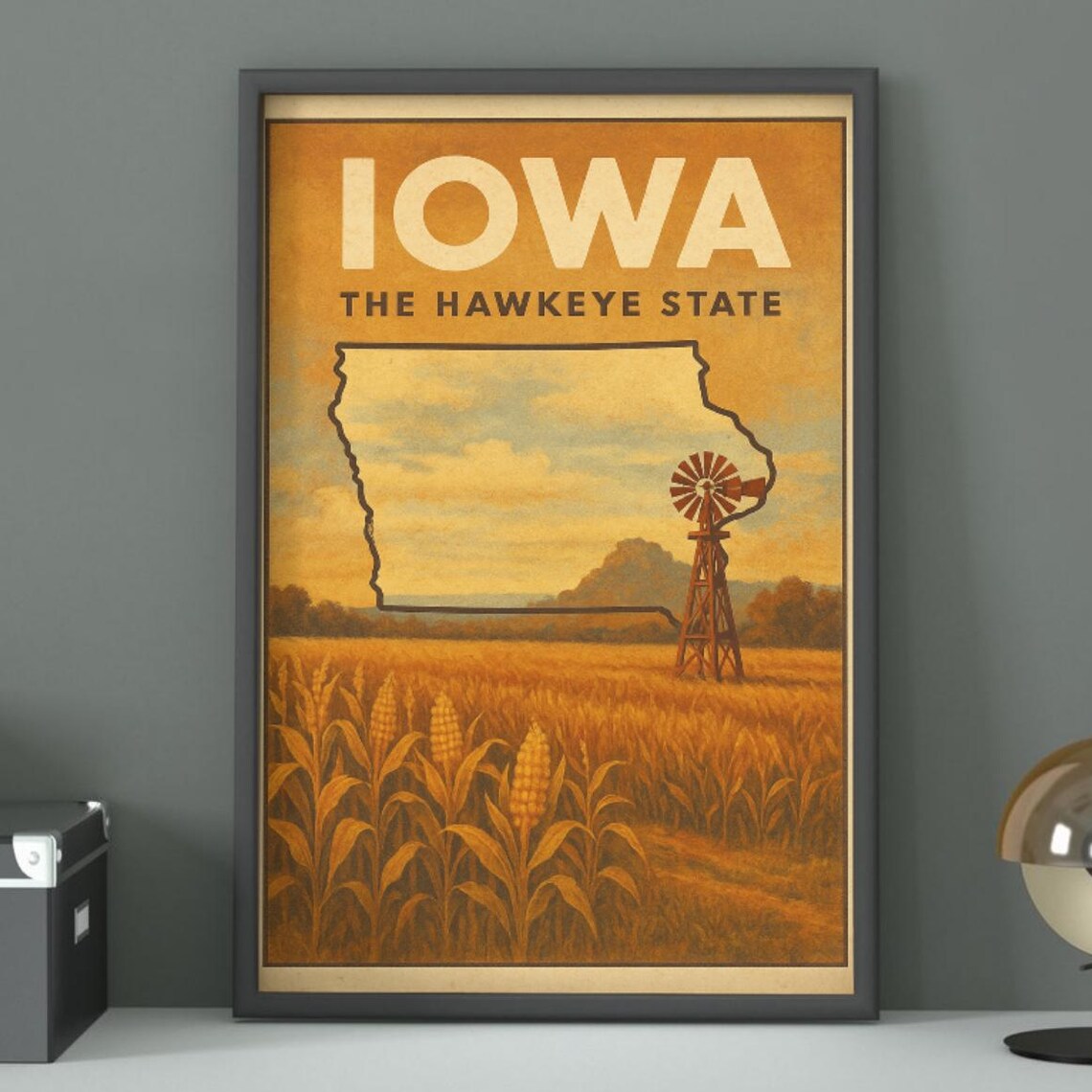 Iowa The Hawkeye State Cornfield Windmill Retro Travel Poster