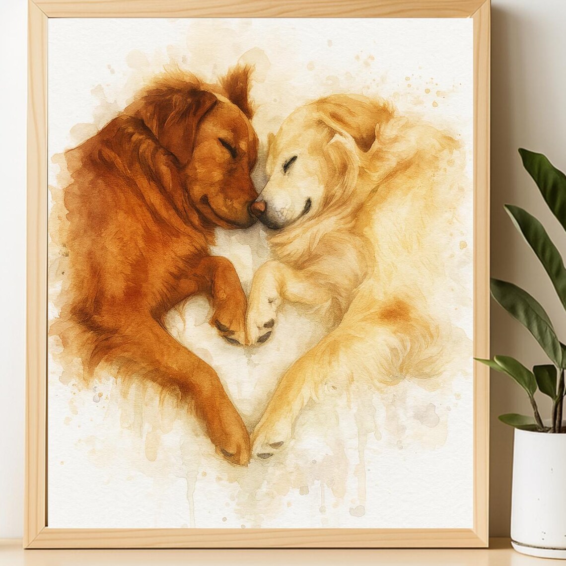 Sleeping Golden Retrievers Cuddling Heart Watercolor Dog Poster