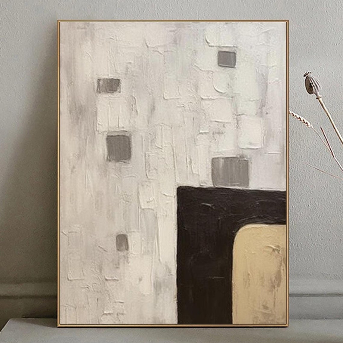 Scattered Gray Squares With Black Block on Pale Abstract Poster