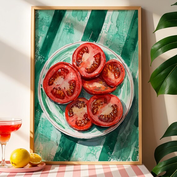 Fresh Juicy Sliced Tomatoes Watercolor Kitchen Still Life Wall Art