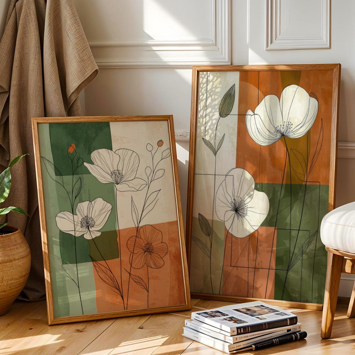 Sage Green Burnt Orange Floral Pair Modern Line Art Set Wall Art