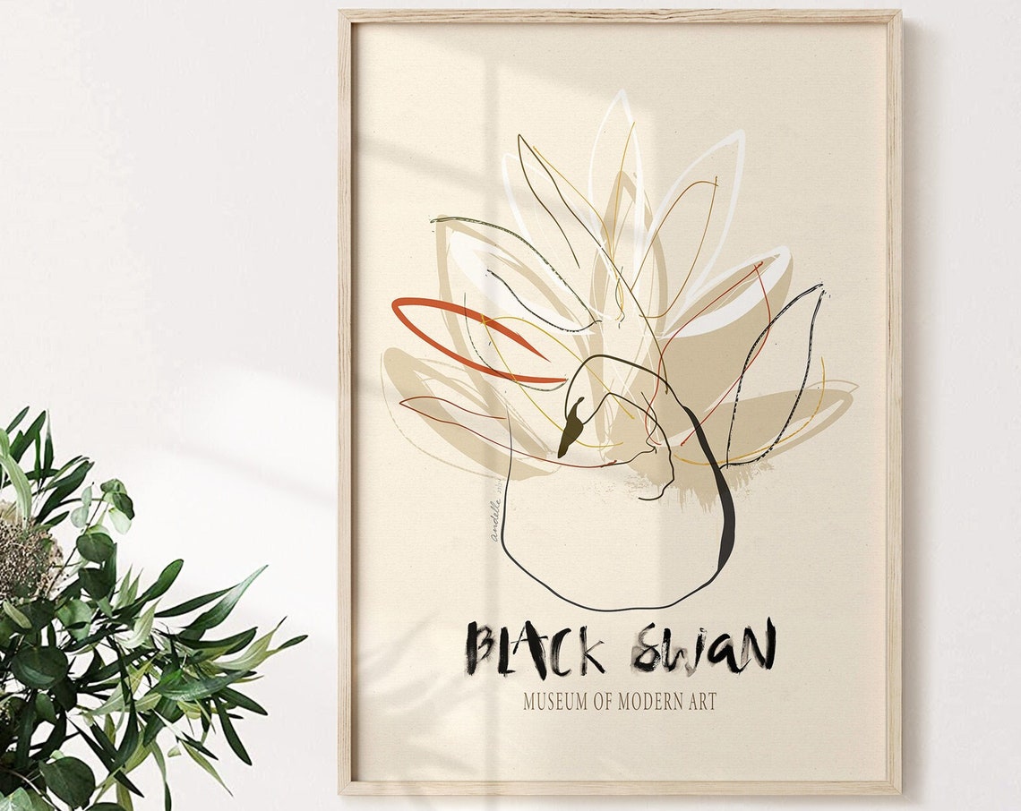 Black Swan Elegant Minimalist Line Drawing Museum Style Bird Poster