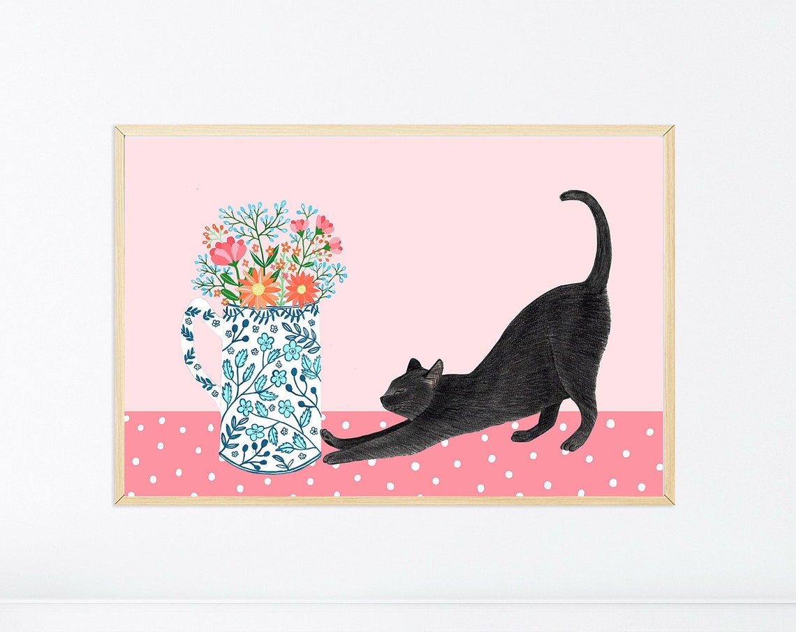 Black Cat And Flowers Poster, Pink Wall Decor