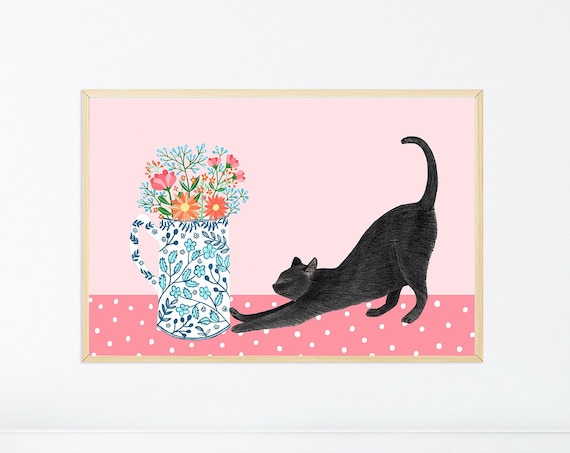 Black Cat And Flowers Poster, Pink Wall Decor