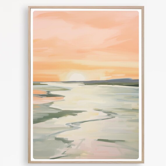 Peachy Pastel Sunset Painting Over Calm Reflective Ocean Water Art Print