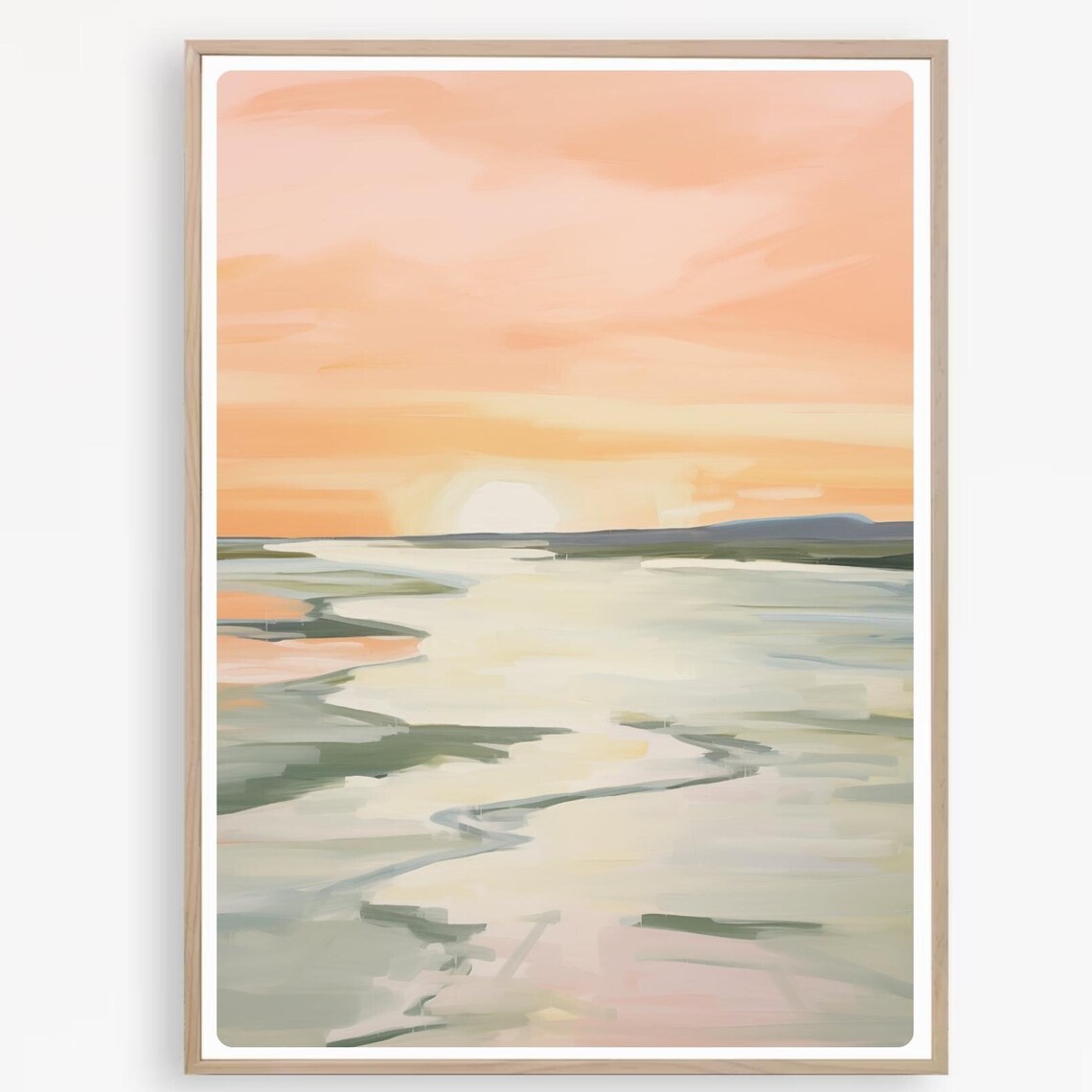 Peachy Pastel Sunset Painting Over Calm Reflective Ocean Water Art Print