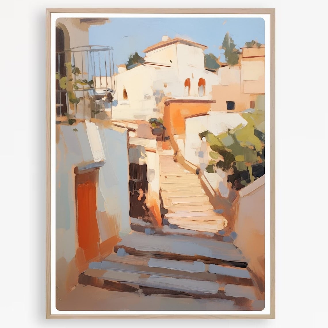 Sunlit Whitewashed Mediterranean Village Alley Steps Art Print