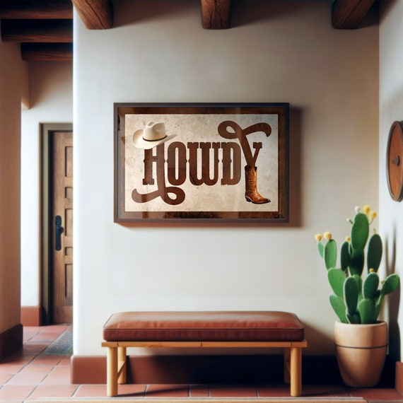 Howdy Typography Art Poster Western Leather Design Cowboy Hat And Boot Print Southwestern Wall Art Gift For Home