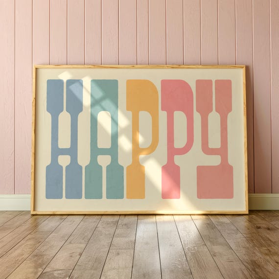 Instant Happy Typography Print For Rainbow Nursery Colorful Decor Boho Wall Art Gift For Girl Birthday Happy Poster