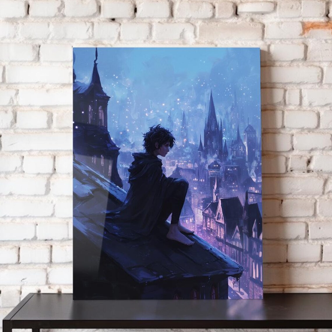 Barefoot Boy On Rooftop Overlooking Gothic City Night Lights Art Poster