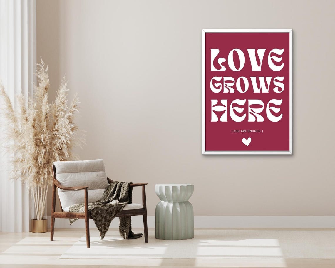 Love Grows Here Burgundy White Retro Typography Heart Quote Poster - Image 3