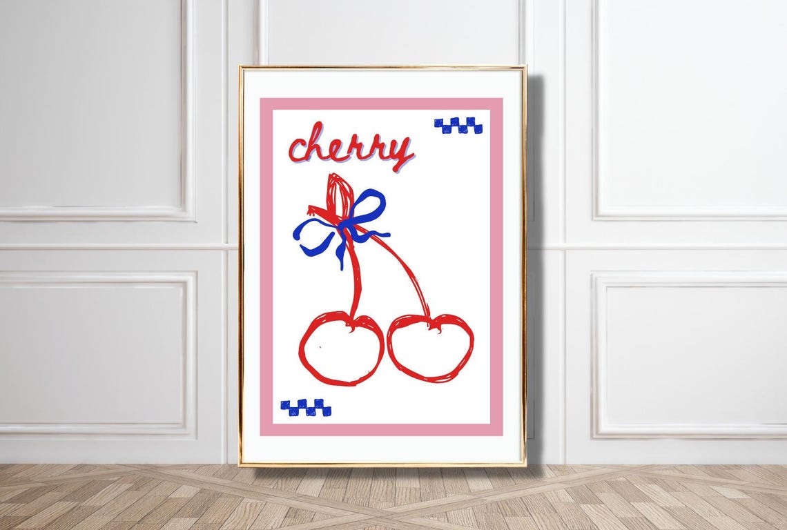 Cherry Red Bow Retro Fruit Illustration Pink Kitchen Decor Poster