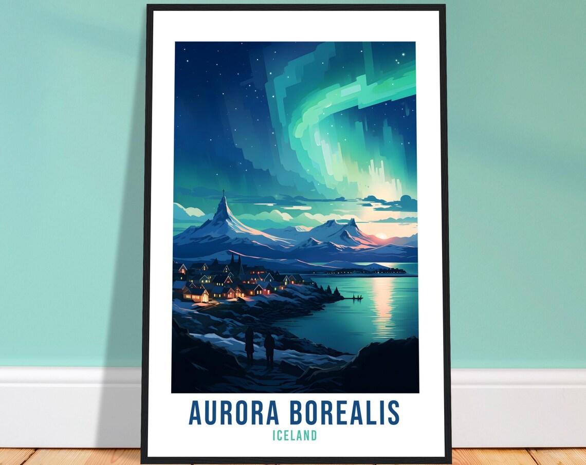 Aurora Borealis Iceland Northern Lights Snow Village Travel Poster