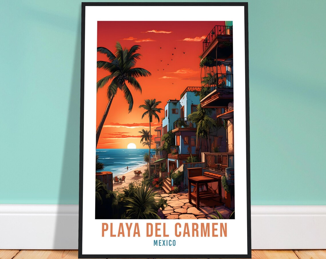 Playa del Carmen Mexico Sunset Beach Palms Riviera Travel Poster