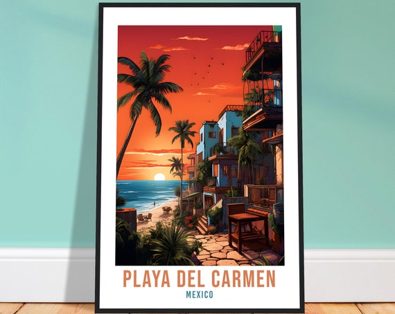 Playa del Carmen Mexico Sunset Beach Palms Riviera Travel Poster