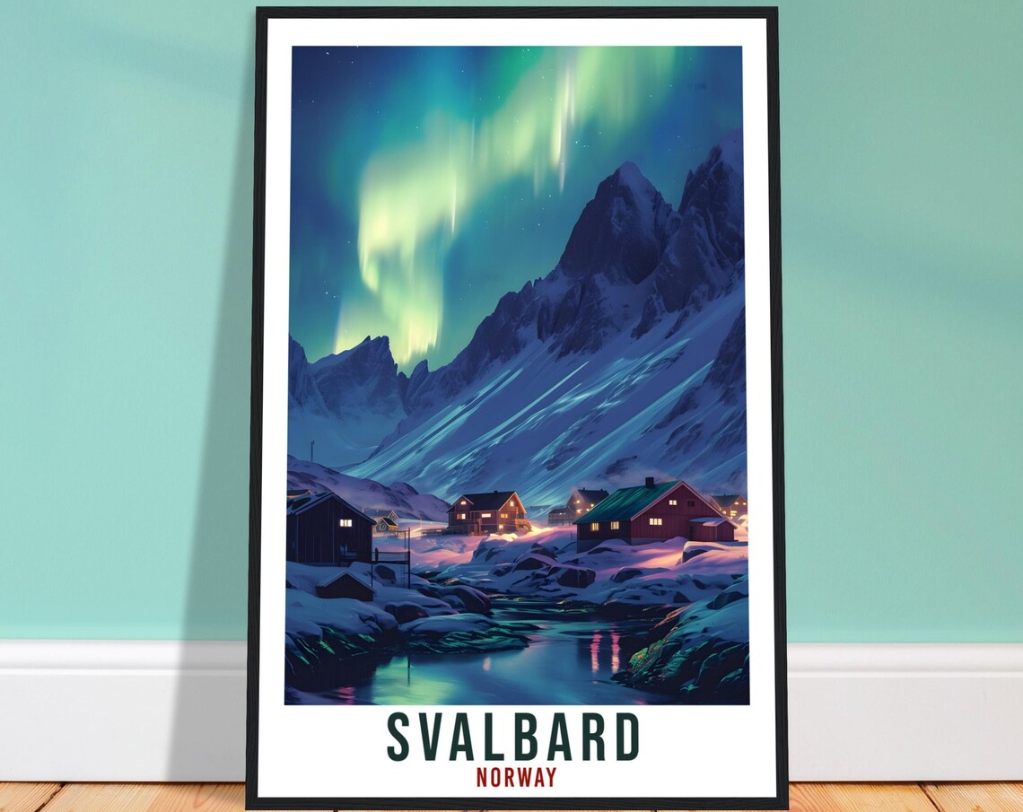Svalbard Travel Poster, Norway Northern Lights Landscape