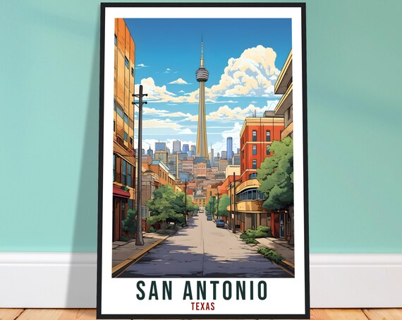 San Antonio Texas Downtown Street Vintage Skyline Travel Poster