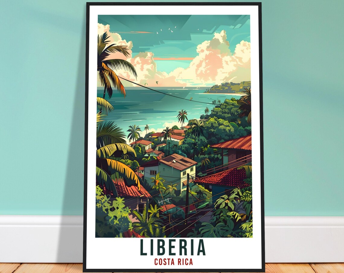 Liberia Tropical Hills Red Roof Houses Pacific Coast Costa Rica Travel Poster