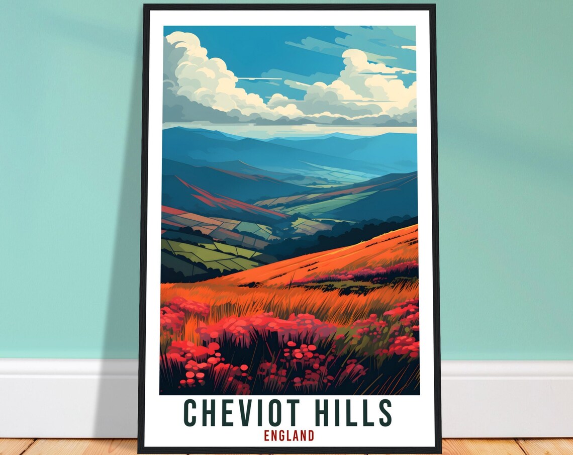 Cheviot Hills Travel Poster, England Landscape Artwork