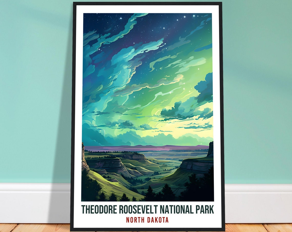 North Dakota National Park Travel Print North Dakota Northern Lights Wall Art Wall Hanging Travel Art Gift North Dakota Travel Poster Usa