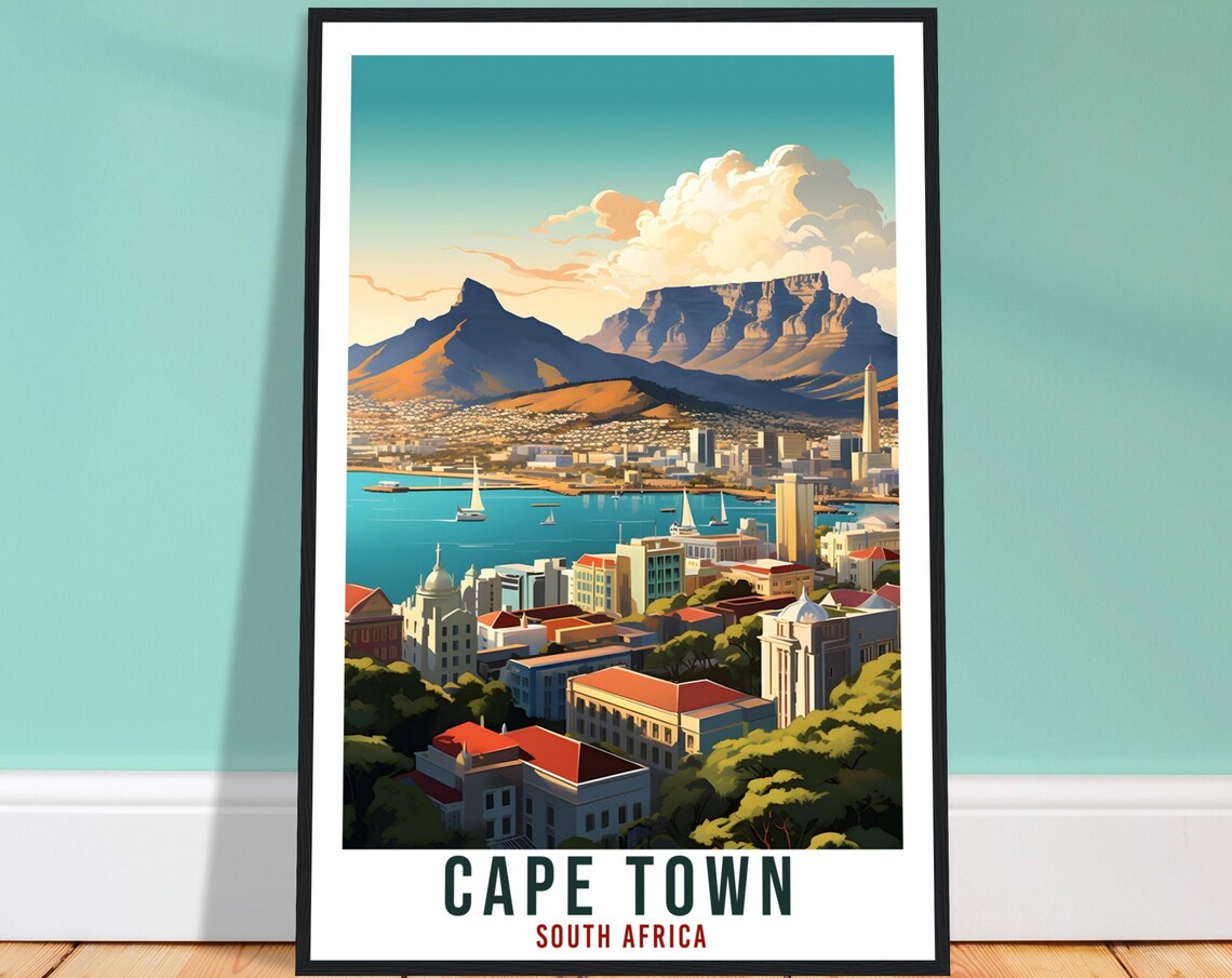 Cape Town South Africa Table Mountain Harbor Vintage Travel Poster