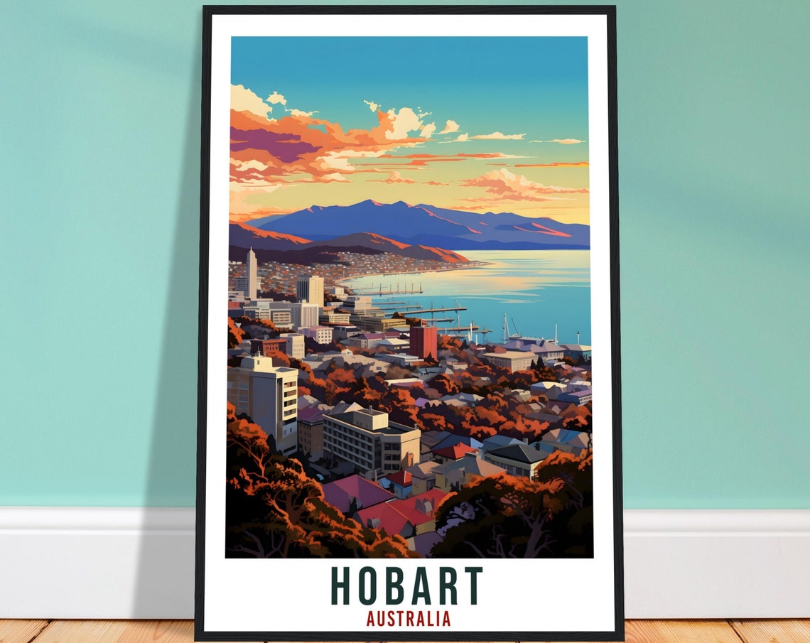 Hobart Australia Waterfront City Mountain View Sunset Scenic Poster