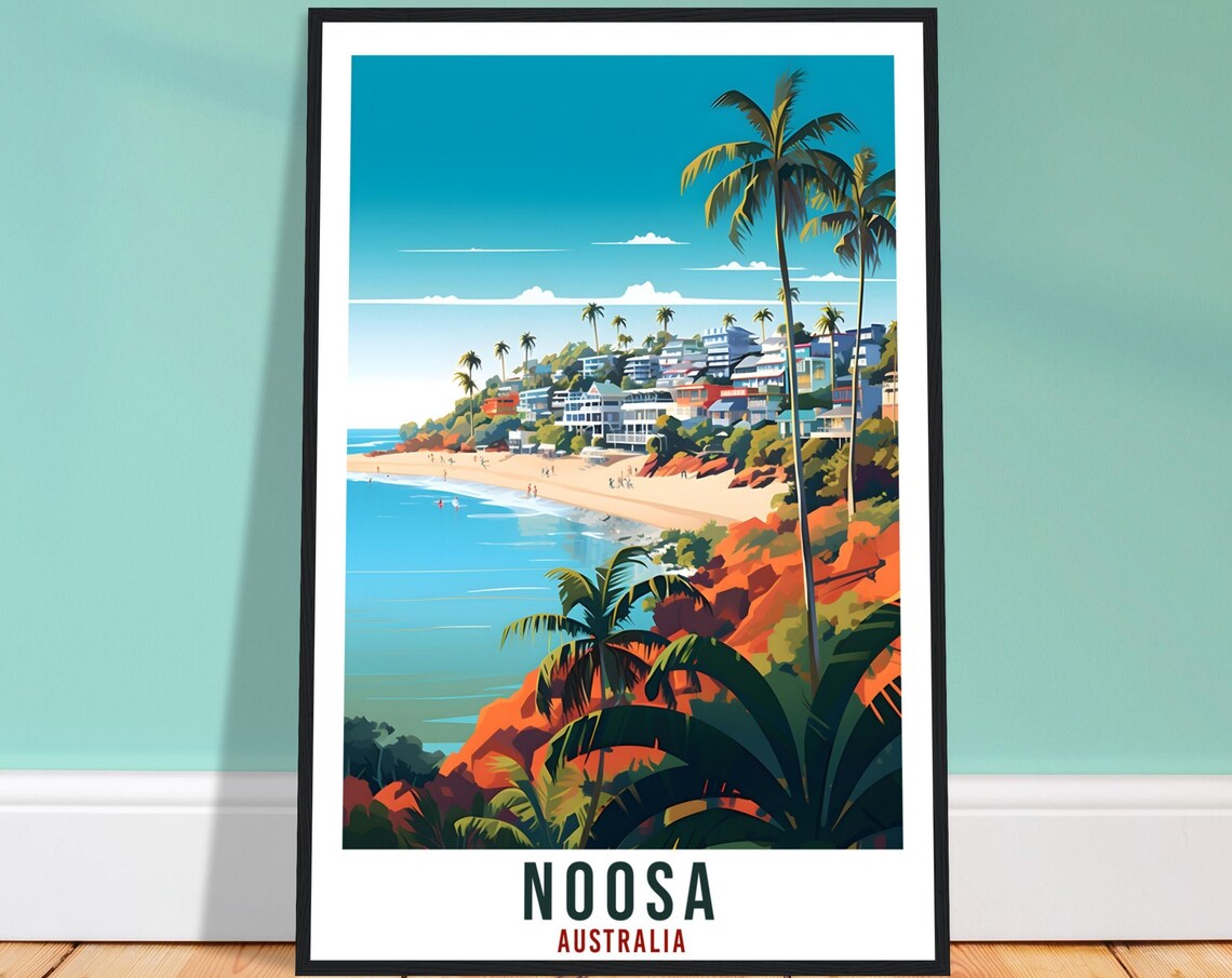 Noosa Australia Beach Cove Palms Colorful Beachfront Travel Poster