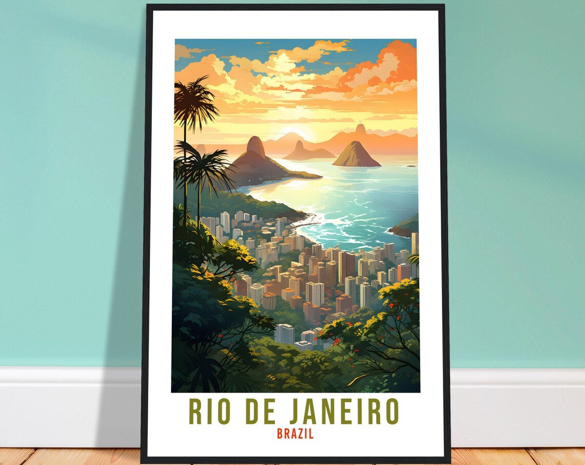 Rio De Janeiro Brazil Tropical Sunset Bay Vintage Travel Poster