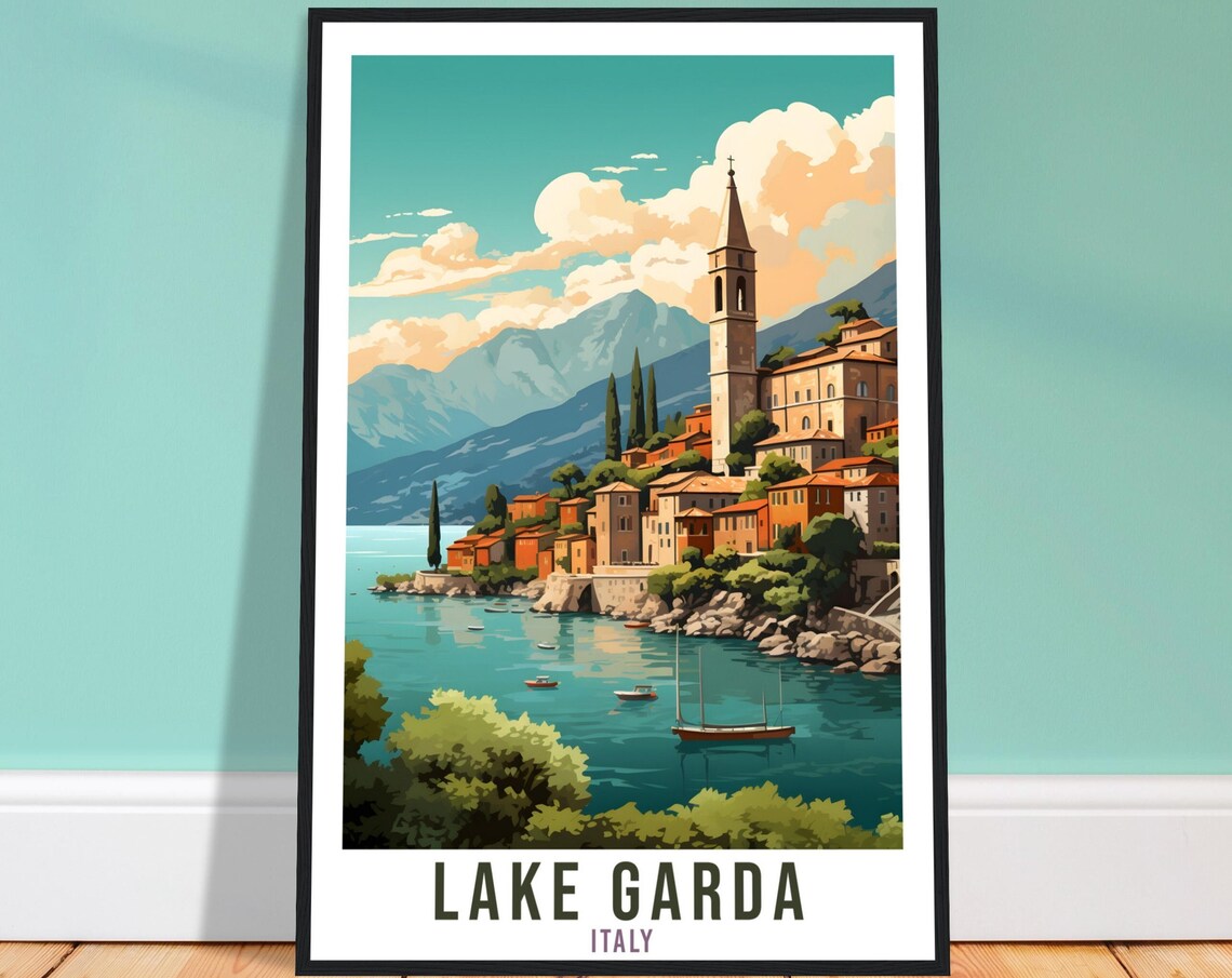 Lake Garda Italy Lakeside Village Bell Tower Boats Travel Poster