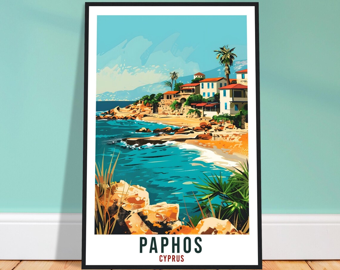 Paphos Cyprus Rocky Cove Village Palms Turquoise Surf Poster