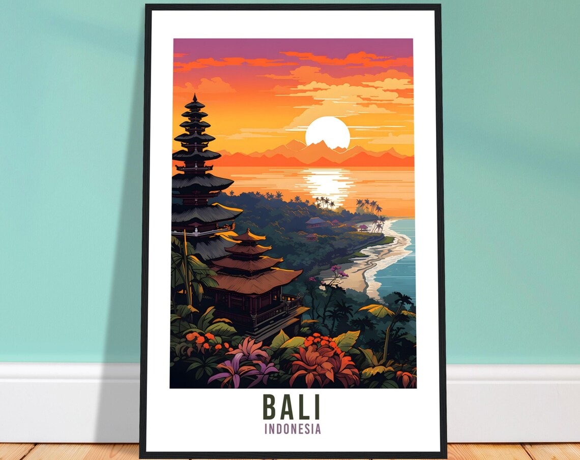 Bali Indonesia Temple Sunset Ocean Coast Vintage Travel Poster Art