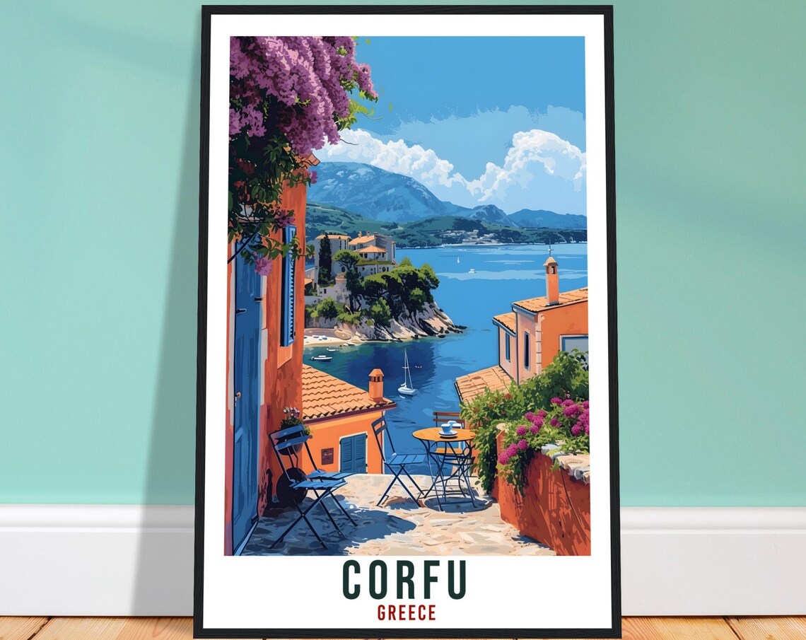 Corfu Greece Seaside Cafe Terrace with Bougainvillea Travel Poster