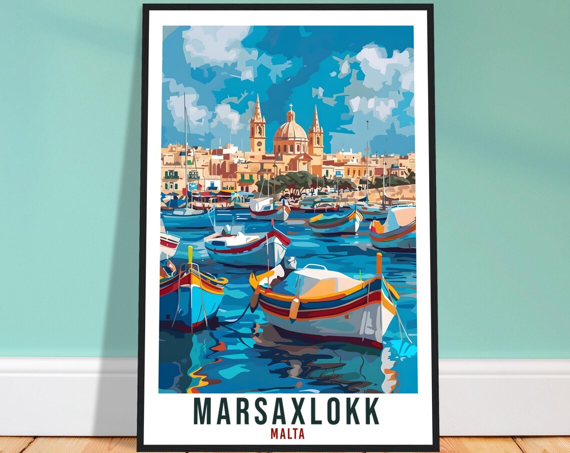 Marsaxlokk Malta Colorful Fishing Boats Harbor Retro Travel Poster